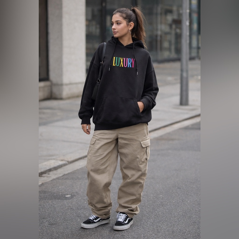 NWT Rue21 Luxury Black Hoodie Large Rainbow Embroidered Streetwear 90s Style